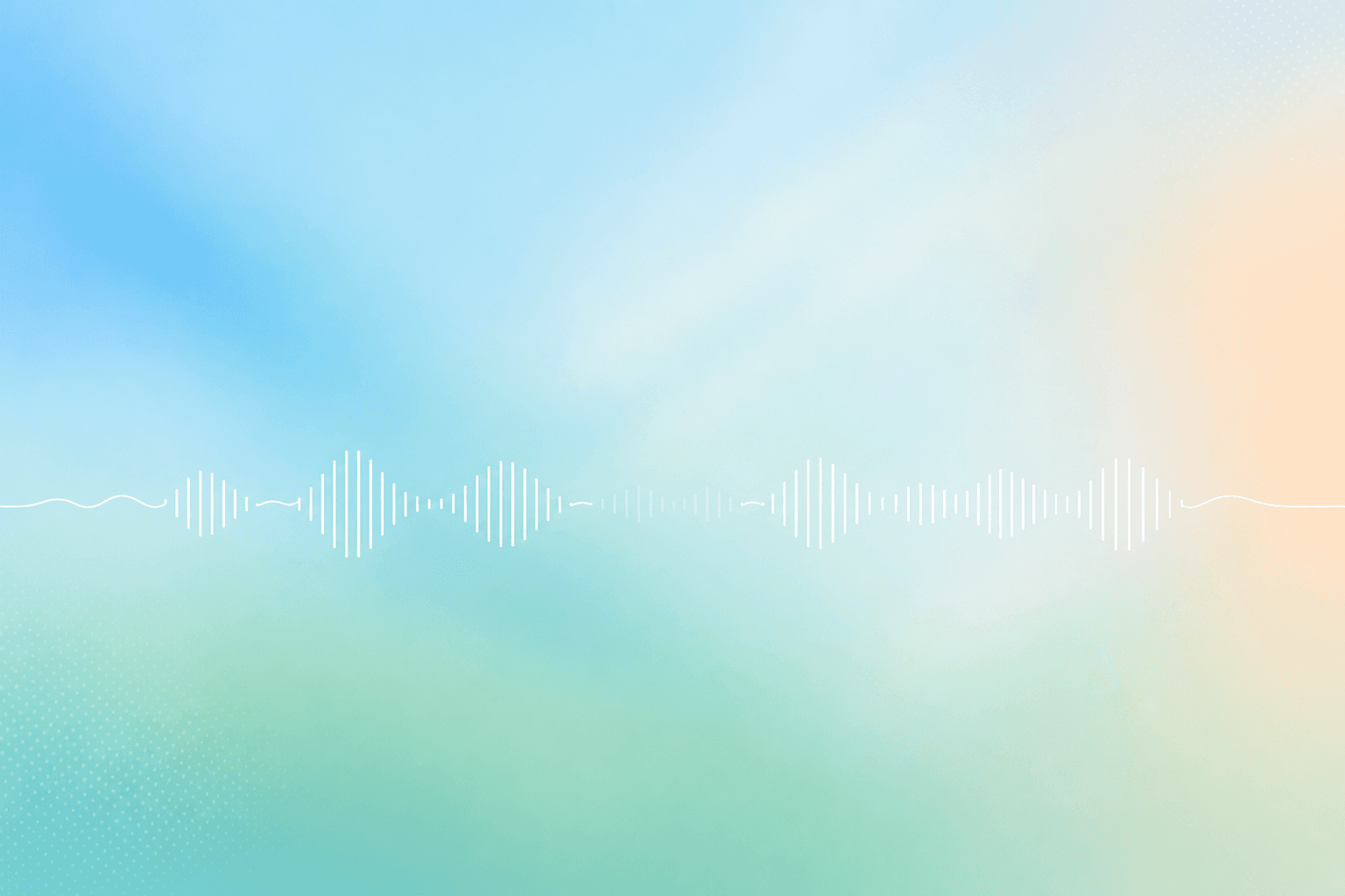 Soft blue-to-teal pastel gradient with a thin white voice waveform across the centre; one segment is broken, suggesting a detected anomaly in an online speaking assessment.