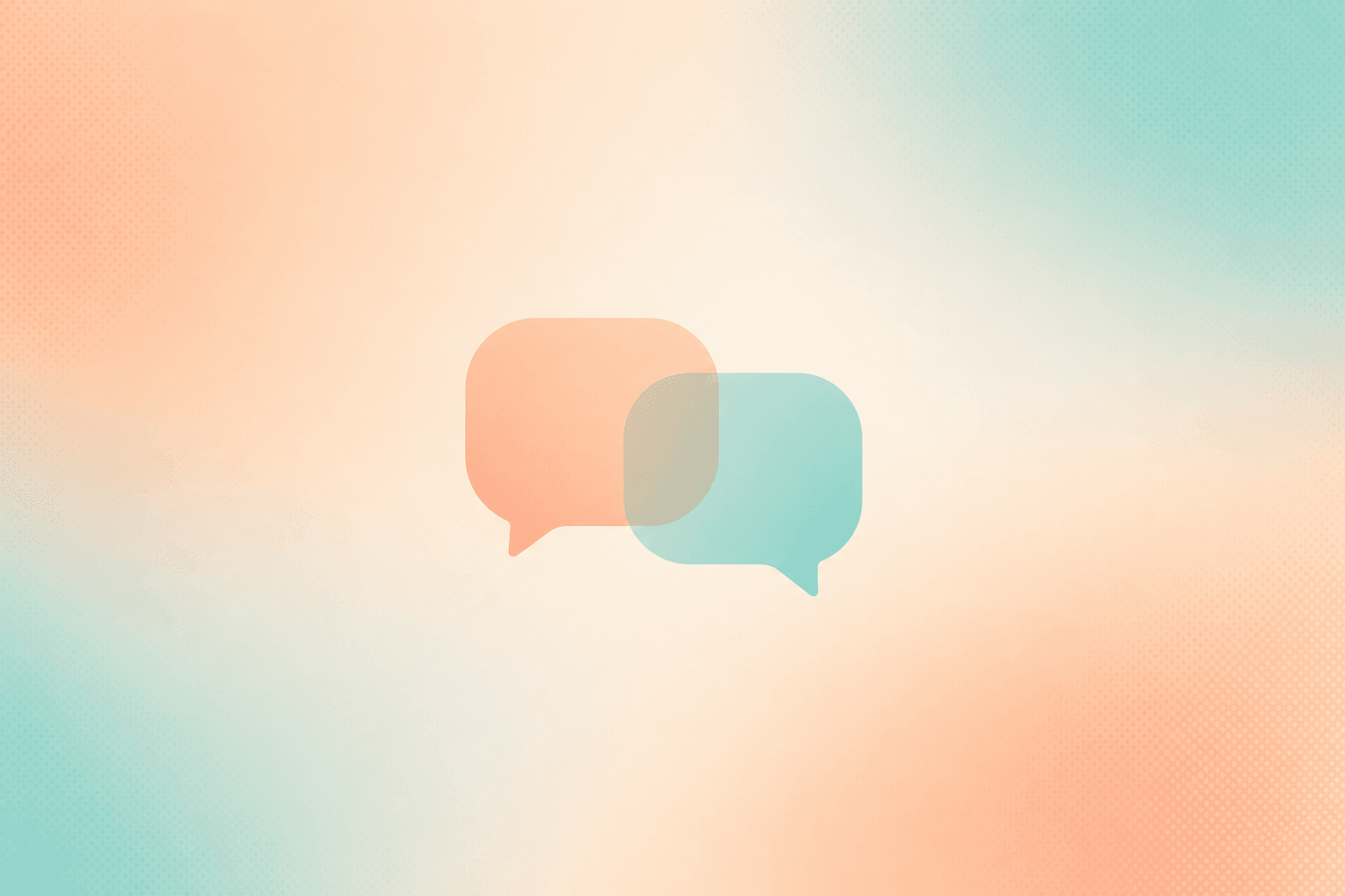 Two overlapping pastel speech bubbles on a soft gradient, symbolising two-way interactive communication — the key English soft skill.