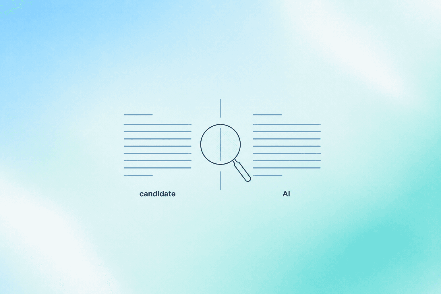 Two near-identical blocks of placeholder text side by side on a soft blue-to-teal gradient, labelled "candidate" and "AI", with a magnifying glass between them finding no difference — showing that AI-written and candidate-written English are indistinguishable.